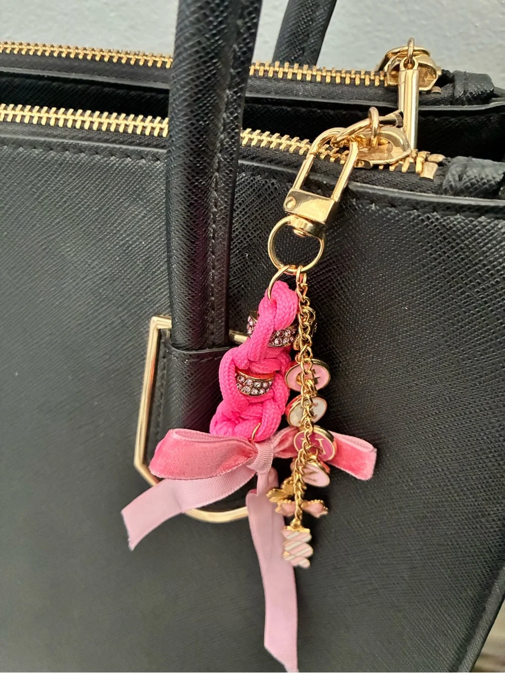 Pink Braided Ribbon Charm Keychain with Gold Accents